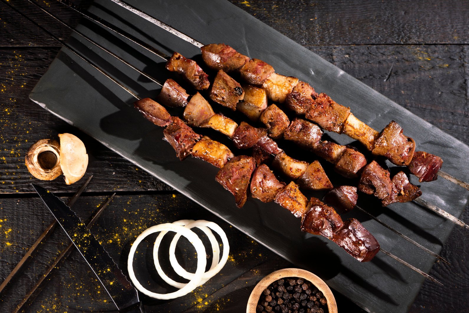 Liver skewers, meat skewers